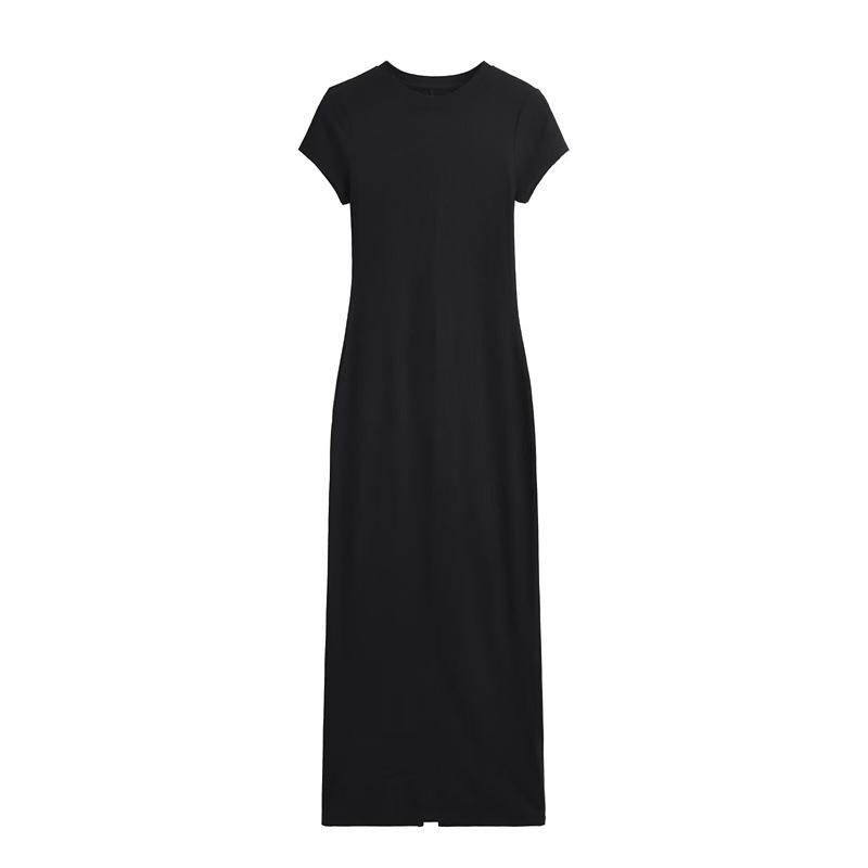 Sleek Back Slit Short Sleeve Round Neck Bodycon Dress - Women's Pure Desire Style