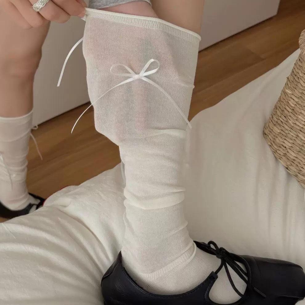 Spring and Summer Plain-color Stacked Socks, Long Stockings, Ballet-style Bow Ankle Socks, Breathable Thin Women's Socks