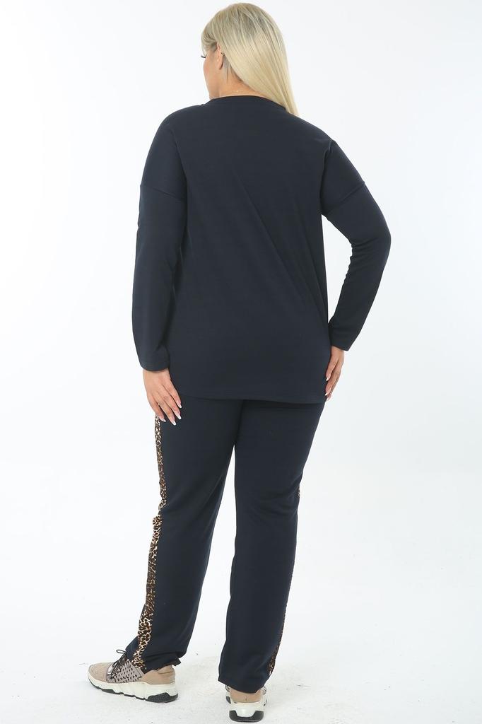 Damenmode Übergröße Trainingsanzug Set Große Größe Baumwolle Schwarz Hose Trainingsanzug Set mit Leopardenbesatz an der Seite und Taille