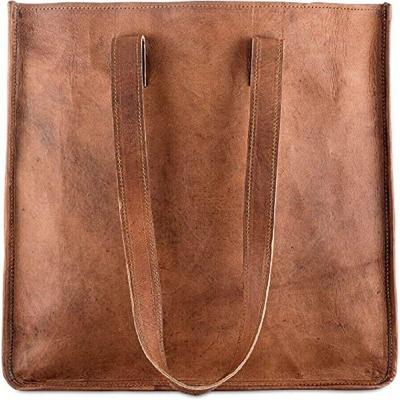 14X14 Inch Large Real Goat Leather Shoulder Bag Tote Shopping Brown Women's