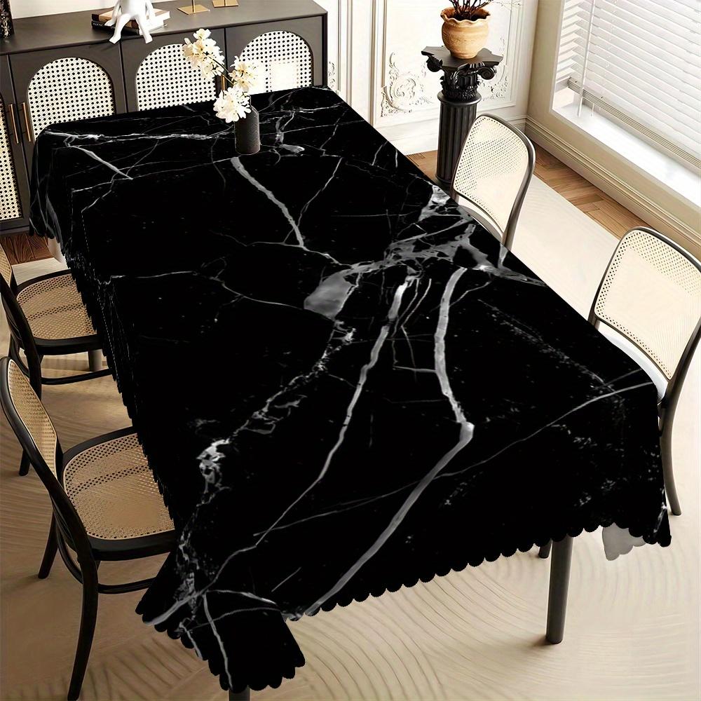Moderne Zwarte Marmerprint Tafelkleed, Wit Gaderpatroon, Golvende Rand, Vlekbestendig, voor Eetkamer & Elegante Woondecoratie 140x180cm
