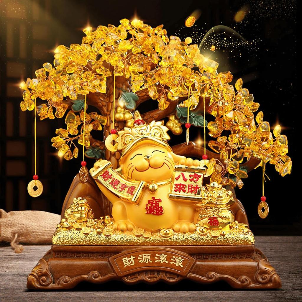 Feng Shui Money Cat Resin Sculpture with Crystal Fortune Tree, Lucky Wealth Charm with "Wealth Flowing In" Inscription,Gift for Office/Home Decor