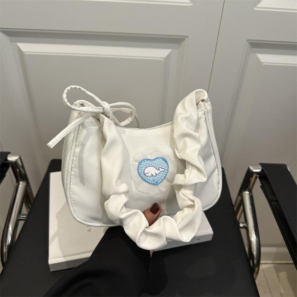 Love Canvas Underarm Bag Bow Hobo Bag Simple Pleated Strap Shoulder Bag  Girls