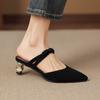 Krazing Pot Suede Butterfly-knot Mules Strange Style Med Heels Summer Size 42 Pointed Toe Slip on Women Shallow Pumps