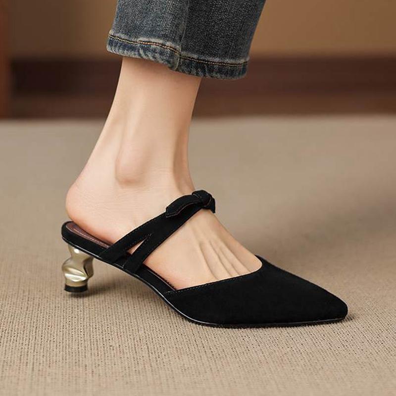 Krazing Pot Suede Butterfly-knot Mules Strange Style Med Heels Summer Size 42 Pointed Toe Slip on Women Shallow Pumps