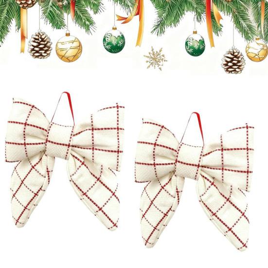 1/2Pcs Large Christmas Bow Decoration Red White Plaid Hanging Bow Ornament Indoor Outdoor Xmas Holiday Party Fabric Bow Wreath Decor