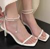 Fashion 2025 Sexy Pearl Chain Strip Decoration Women's Sandals Open Toe High Heels Sandals Summer Ankle Strap Party Shoes Women