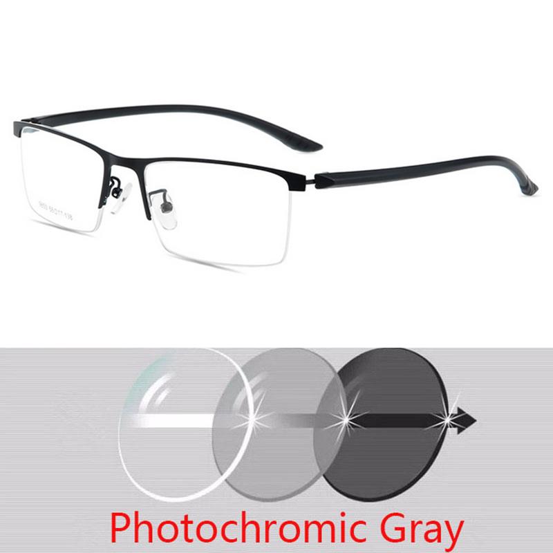 Semi-Rimless Business Metal Glasses Photochromic Lenses and Anti-UV Coating for Men Square Prescription 0 -0.5 -0.75 To -6