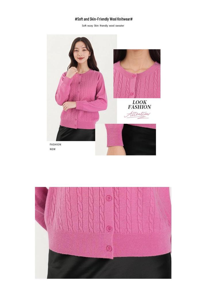 Women's 100% Wool Cable Knit Cardigan, Round Neck, Retro Raf MIU Style Sweater for Spring & Autumn.