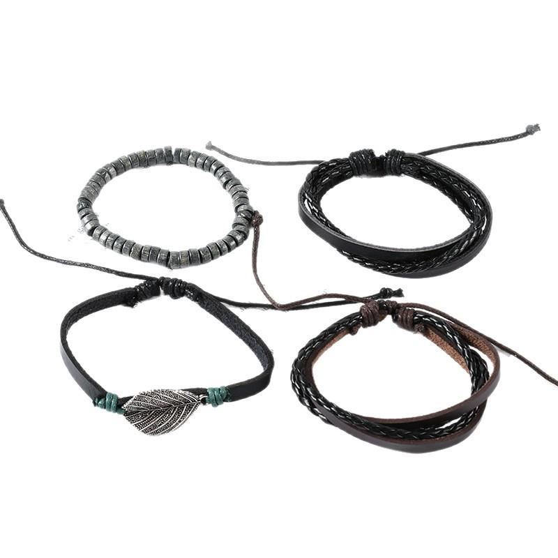 4-teiliges mehrlagiges Leder-Blatt-Armband: Europäisches & Amerikanisches Unisex Retro Street Ethnischer Stil Accessoire