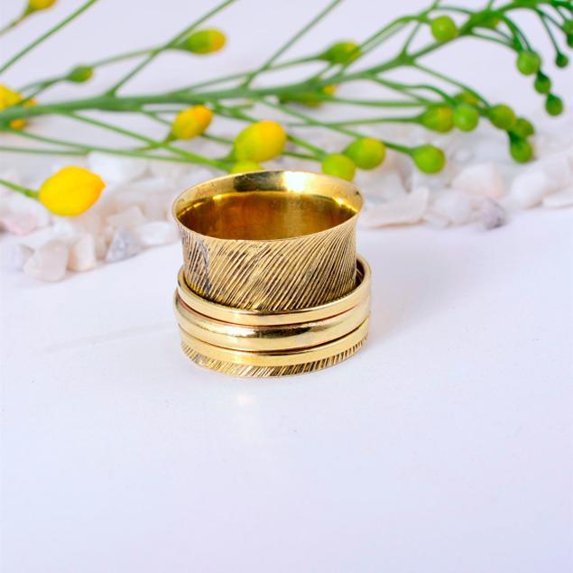 Gold Brass Spinner Ring, Wide Adjustable Meditation Ring, Handmade Boho Fidget Ring, Unisex Statement Jewelry Gift