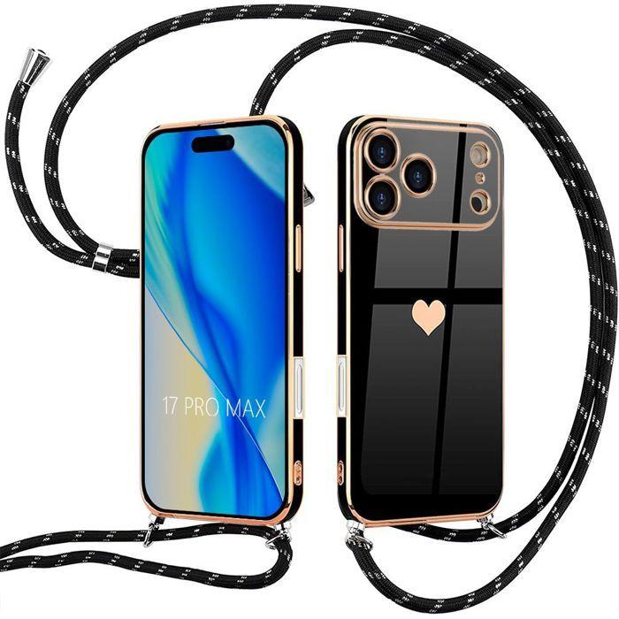 Phone Case with Lanyard - BOOLING - for iPhone 17 Pro Max - Silicone Heart Pattern - Black