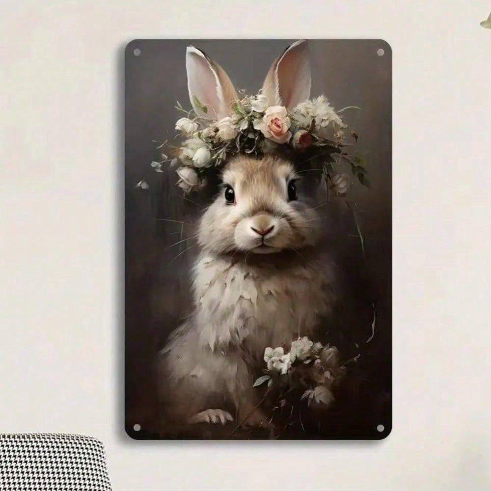 Vintage Easter Bunny Metal Wall Sign, Rabbit Flower Poster for Home Bar Decor