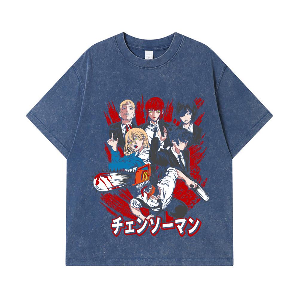 

275 GSM Washed T-shirts 100% Cotton Chainsaw Man V19 Print Unisex Heavy Cotton T Shirt 2XL королівський синій колір