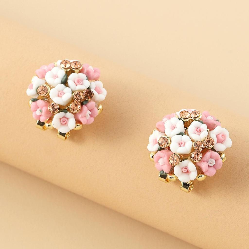Romantic Ceramic Flower Rose Diamond Alloy Earrings Temperament Ear Buckle Exquisite Stud Earrings Jewelry Popular