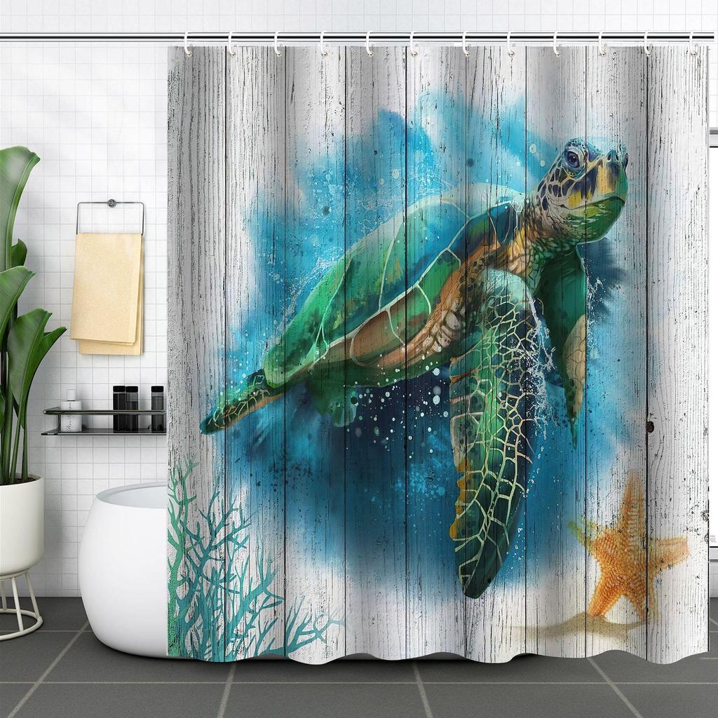Coastal Marine Shower Curtain: Dolphin, Starfish, Seahorse, Seashell, Sea Turtle - Moisture-Proof, Mildew-Resistant, Waterproof, Beach Bathroom Décor