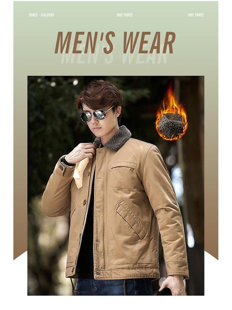 Men's Winter Fleece-Lined Lapel Military Jacket - Loose Fit Lambswool Coat
