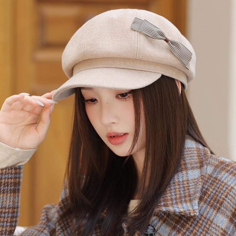 Women's Hat with Versatile Bow Octagonal Hat Big Head Circumference Showing Face Small Duckling Hat Retro Newspaper Boy Hat