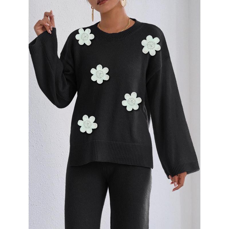 

3D Вышивка Бисером Лоскутное Шитье Цветочный Узор Осень Зима Свободный Повседневный Однотонный Топ с Длинным Рукавом Круглый Вырез Свитер XL