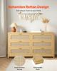 6 Drawer Rattan Dresser, Double Dresser for Bedroom, Natural Rattan Chest of Drawer with Metal Handle, Modern Wood Chest Clothing Organizer & Storage