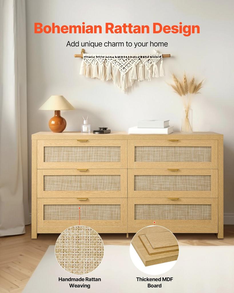 6 Drawer Rattan Dresser, Double Dresser for Bedroom, Natural Rattan Chest of Drawer with Metal Handle, Modern Wood Chest Clothing Organizer & Storage