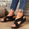 Women's Perforated Wedge Sandals Cross Strap Solid Color Hook & Loop Shoes Comfy Arch Support Platform Shoes