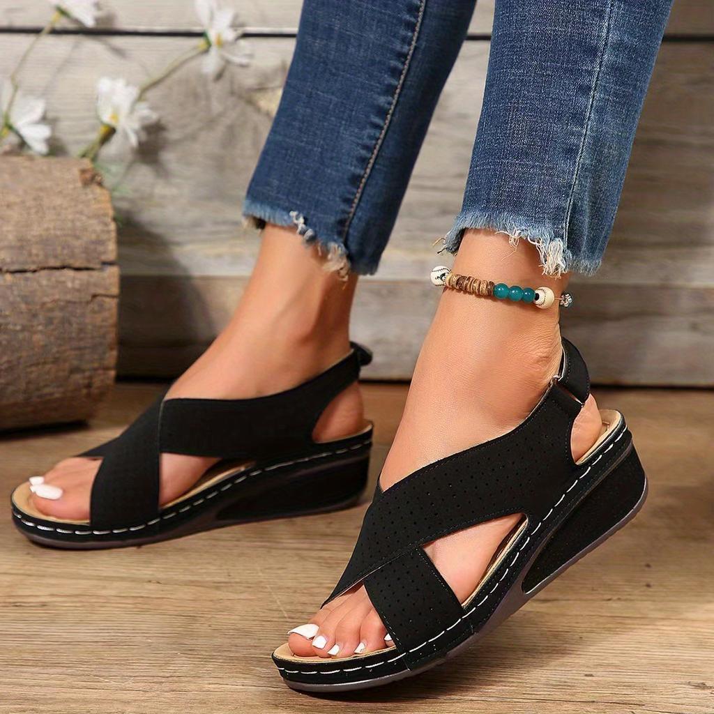 Women's Perforated Wedge Sandals Cross Strap Solid Color Hook & Loop Shoes Comfy Arch Support Platform Shoes