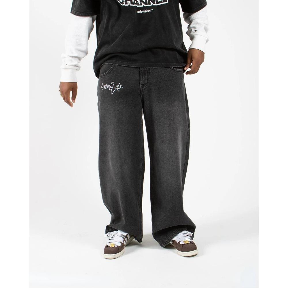 RogueWave Street Fashion Brand Wide Leg Jeans Y2K Hip-hop Retro Simple Print Loose Gothic Harajuku Horn Pants Ripped Jeans