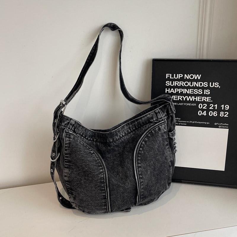 Denim Messenger Bag med Stor Kapacitet Dam Vintage Axelväska Crossbody-väska