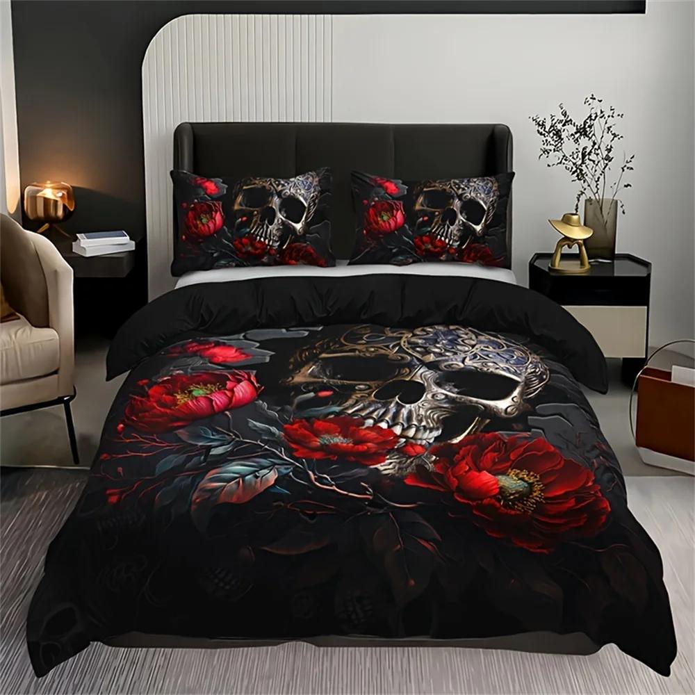 Fashion Gothic Skull Floral Duvet Cover Set - Soft Breathable HD Printing Bedding for Home Dorm Decor - Halloween Themed, Comfor
