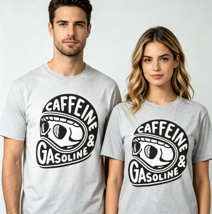2026 New Black Roundneck Tshirt With Retro Helmet Skull Pattern Caffeine And Gasoline Print Motorcycle Rider Cotton Tshirt