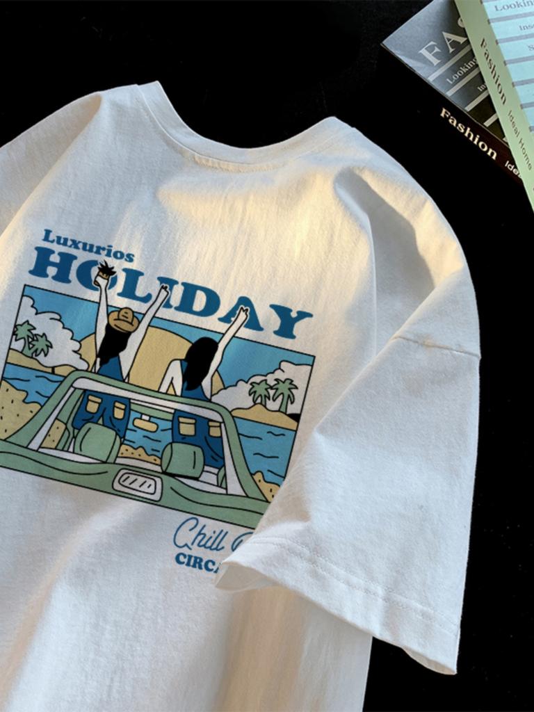 New Summer Women's Retro American Short-sleeved T-shirt Loose White Korean Fashion Tops Y2k Top Graphic Women Clothing