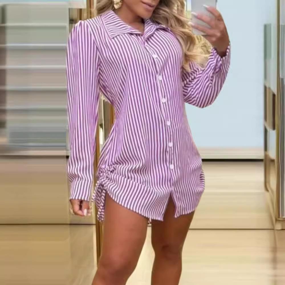BITCED Women's Autumn Fashion Sexy Two Side Drawstring Shirt Dress