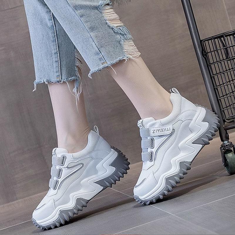 thick-soled women's sports and leisure shoes mesh shoes breathable mesh surface summer thin inner height increase women's shoes 7cm Velcro small size