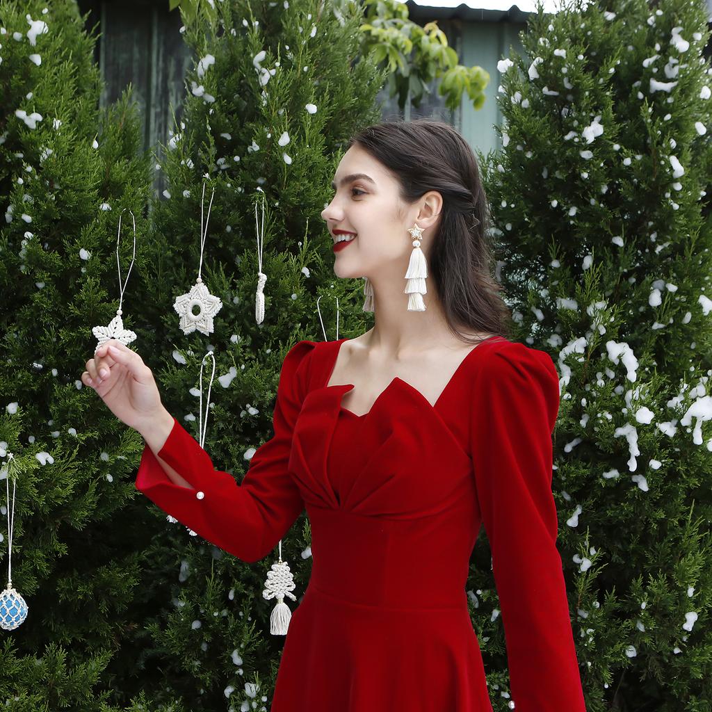 Autumn and Winter Vacation Long Tassel Earrings Handmade Five Point Star Flowering Style Lightweight Christmas Earrings