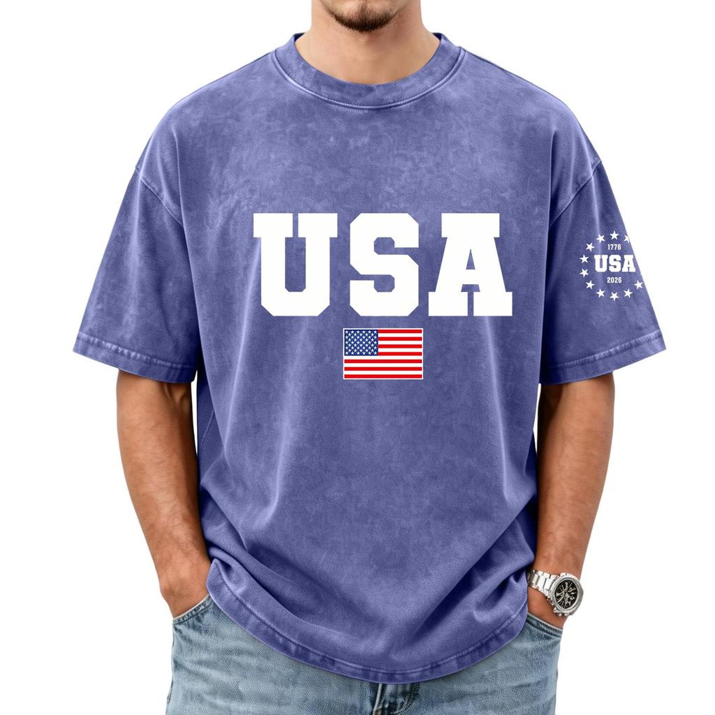 Men's Loose And Casual Flag-print T-shirt, Short Sleeve Shirt