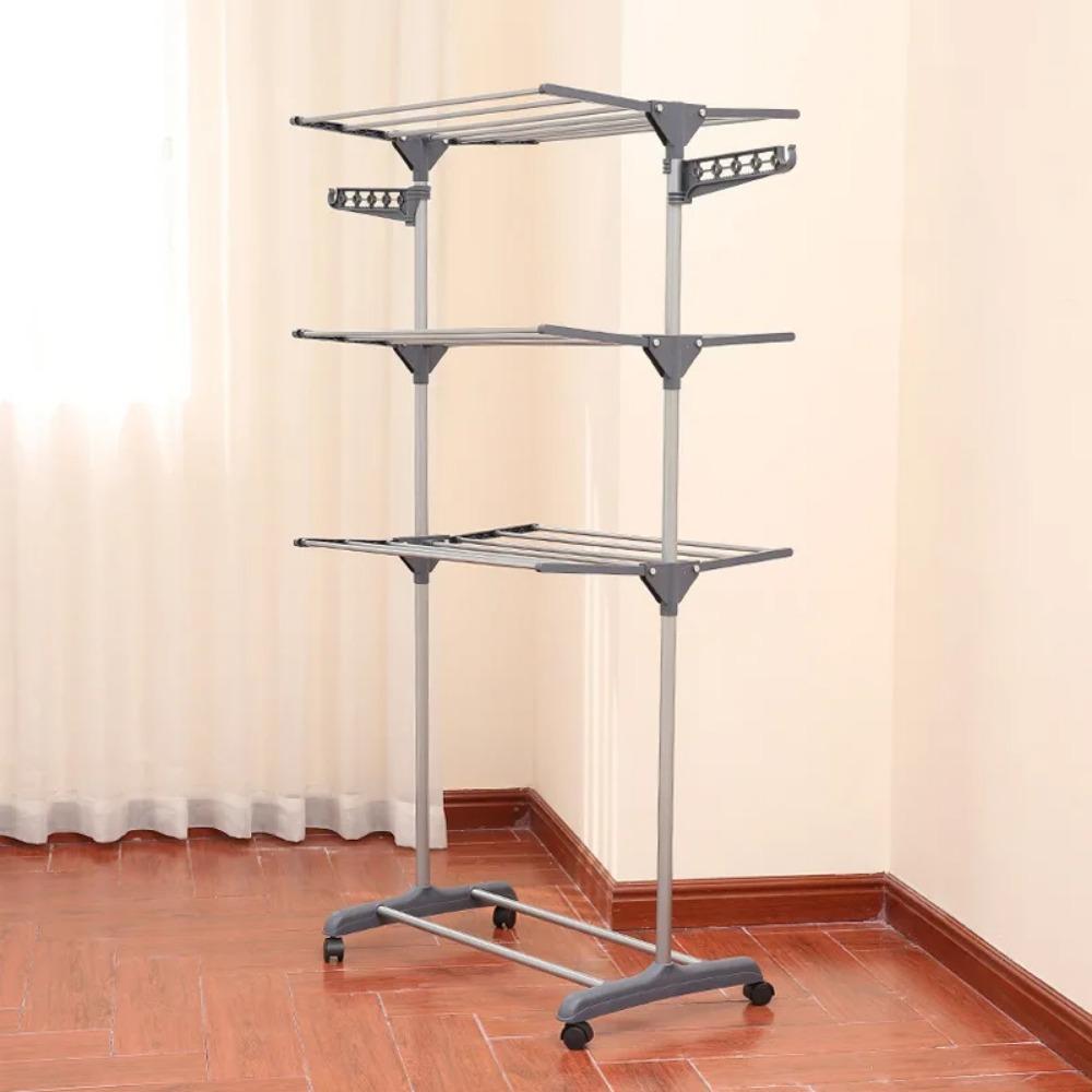 Folding Drying Clothes Rack Stainless Steel Floor Mobile Coat Storage Rack 3-Layer Household Multifunctional Towel Drying Racks