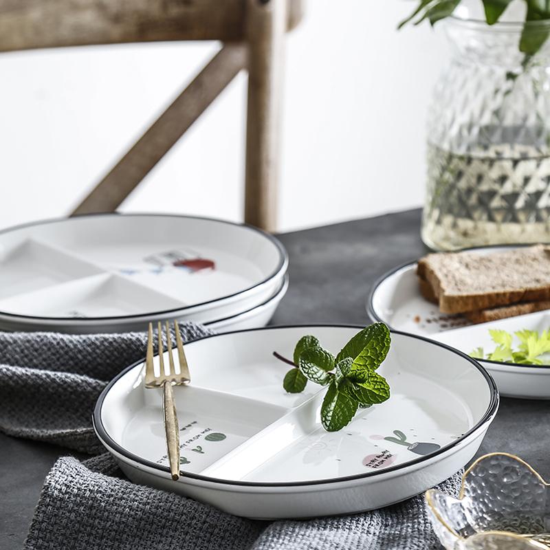 Nordic Circular Partition Plate Ceramic Fruit Dim Sum Children's Dinner Plate, 3-grid Plate, Breakfast Fast Food Plates