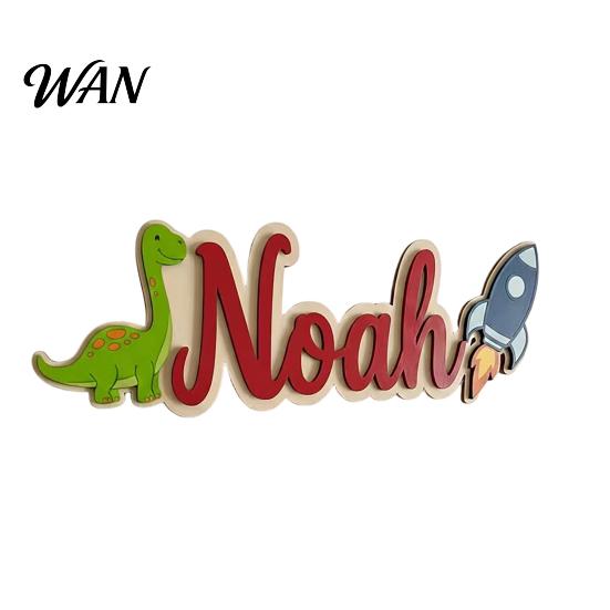 Soft Color Kids Door Decor Personalized Name Sign Dinosaur Rocket Wooden for Boys For Custom Nursery Hanging Wall Bedroom Playroom
