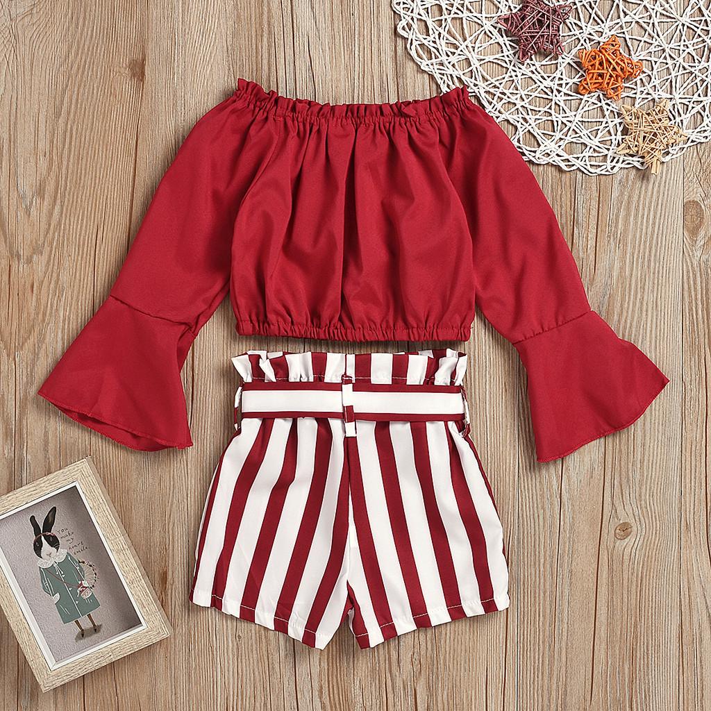 Småbarn Barn Baby Flickor Ruffle Off Shoulder T-shirt Toppar Randiga Shorts Outfits