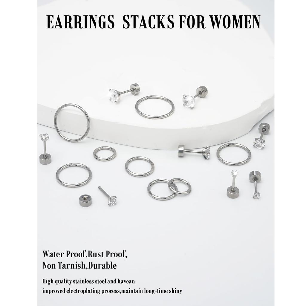 8 Pairs Hypoallergenic Stud Hoop Earrings Set for Women Men Surgical Steel Seamless Earrings,Dainty Small Flat Back Earrings