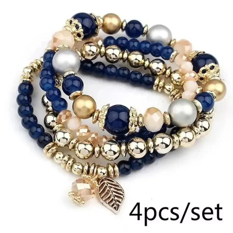4 Pcs Fashionable And Simple Crystal Bead Pendant With Branches Leaves Versatile Multi-layer Bead Temperament Women's Bracelet