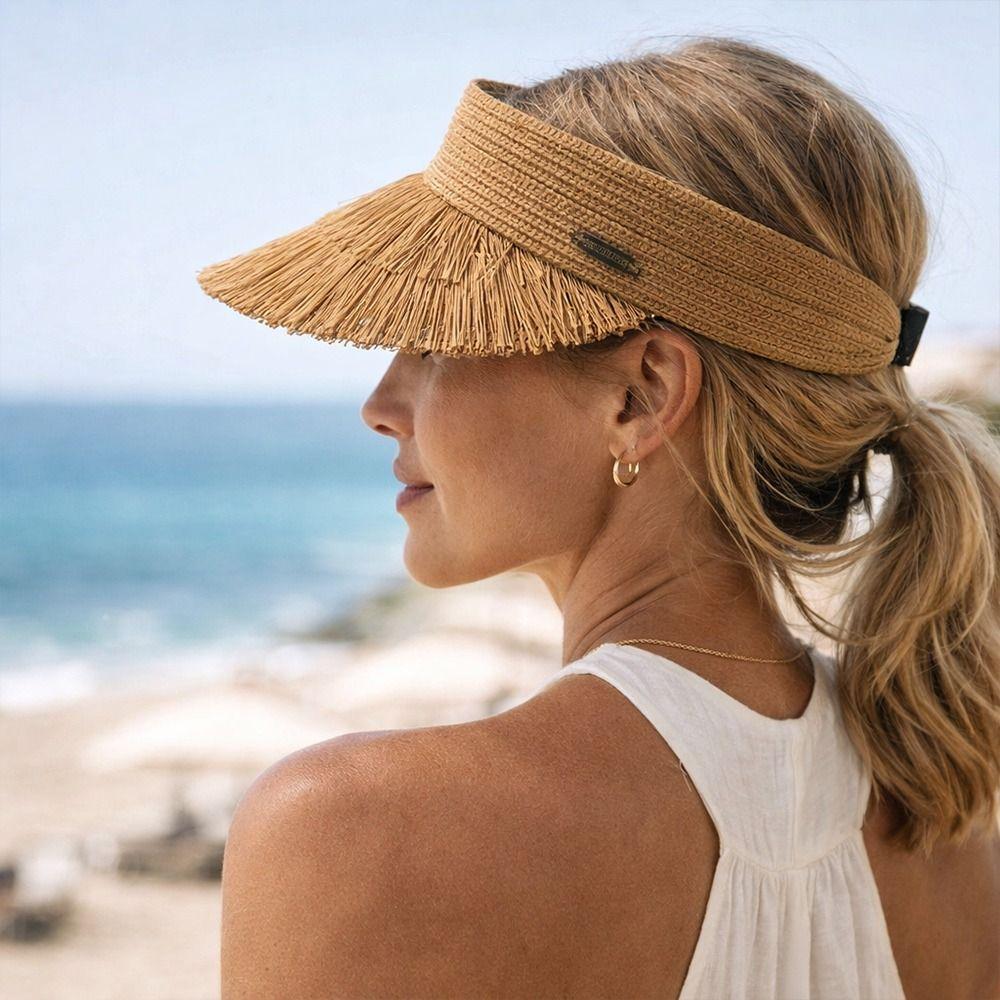 Tassel Sun Hat Wide Brim Empty Top Sun Hat Fashion Straw Hat  Women's