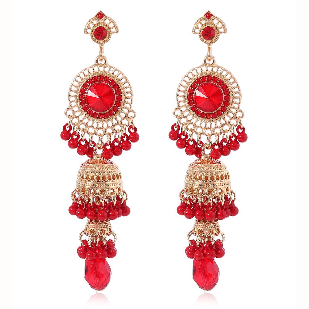 Retro Indian Alloy Rice Bead Tassel Earrings with Scenic Design