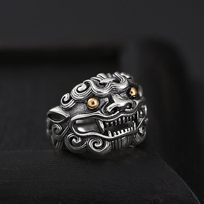 Retro Golden Eye Tang Lion Ring For Men Punk Gothic Open Ring Handmade Designer Zircon Unisex Accessories Cultural Bless Gift
