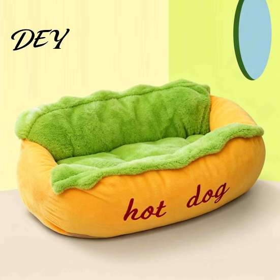 Playful Animal Bed Hot Dog Pet Bed, Soft Cozy Plush Removable Washable Mat, PP Cotton Cushion Cute Bun for Cats Dogs, Novelty Sofa