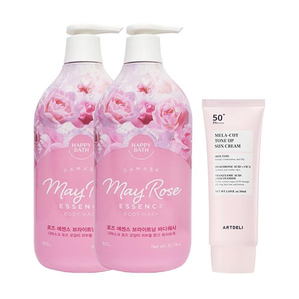 HAPPY BATH Rose Essence Body Wash 900g x2 + Art Deli Melacut Sunscreen 50ml