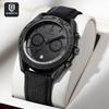 Racing Style Chronograph Watch Black Stainless Steel Case, Leather Band Tachymeter Design Date Wrist Watches