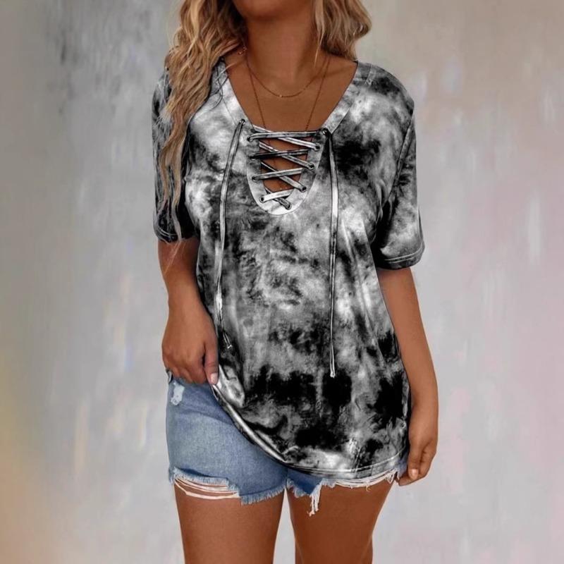 Spring and Summer New Women's Tie-dyed Printed Rope Casual and Fashionable Short-sleeved T-shirt