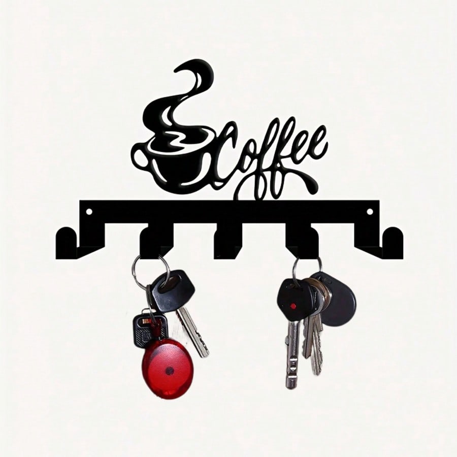 Vintage Coffee Key Holder Metal Wall Art 5 Hooks Rustic Home Office Decor